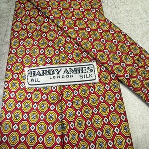 Hardy Amies London Mens Silk Necktie Red Gold Blue Geometric Medallion Pattern